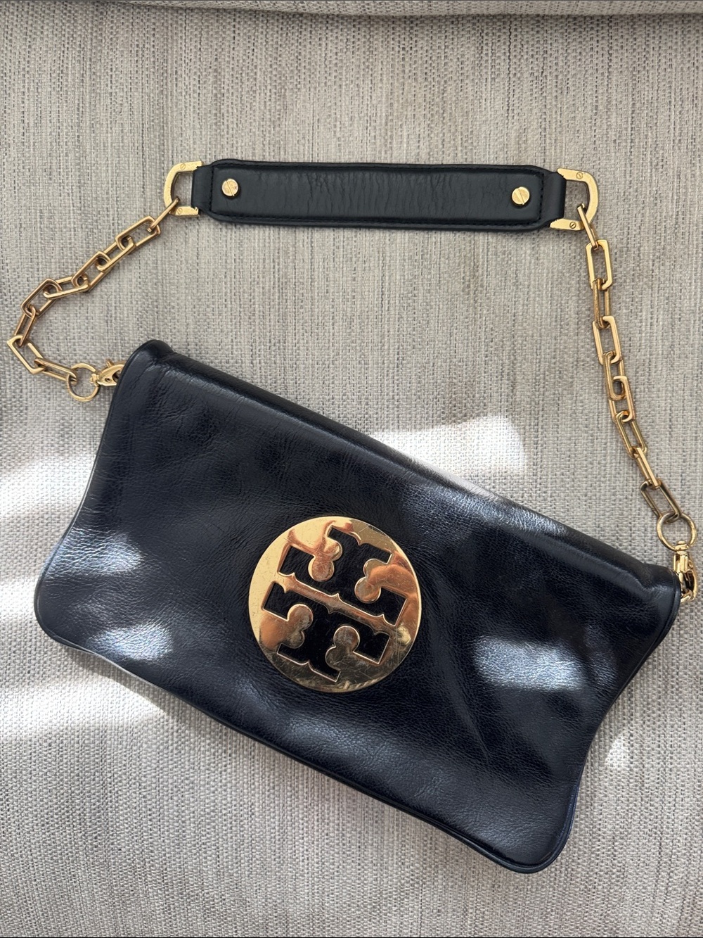 Tory Burch Black Leather Clutch with Gold Logo Medallion